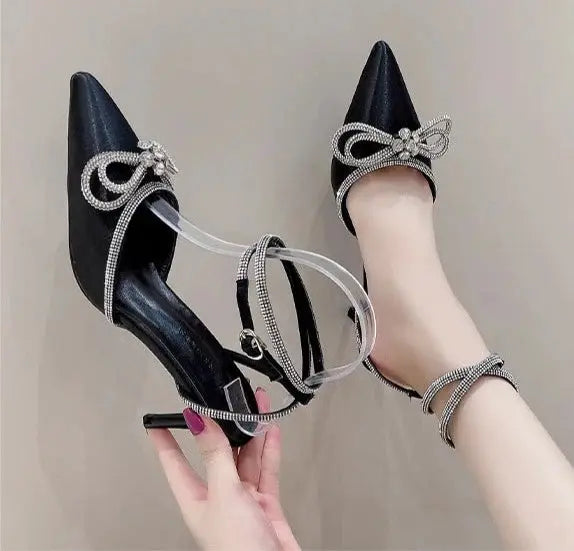 Black Bow Knot Rhinestone Heel fashionnsio