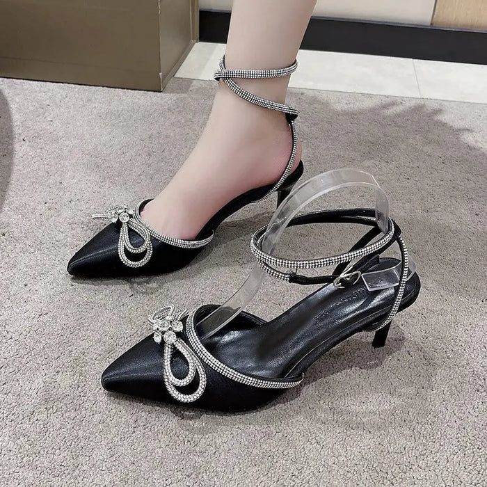 Black Bow Knot Rhinestone Heel fashionnsio