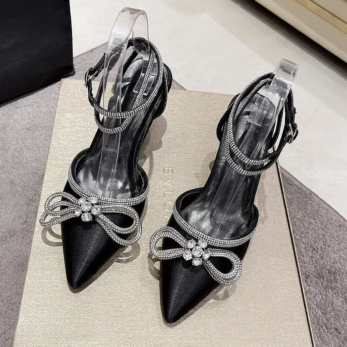 Black Bow Knot Rhinestone Heel fashionnsio