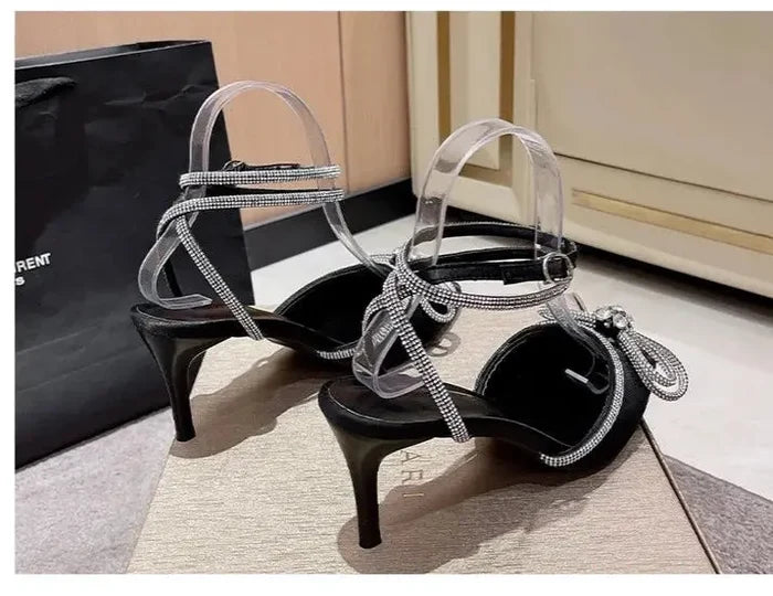 Black Bow Knot Rhinestone Heel fashionnsio