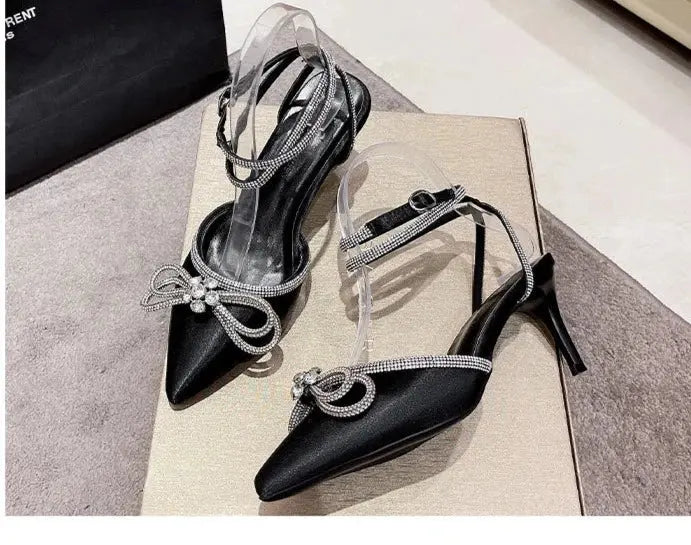 Black Bow Knot Rhinestone Heel fashionnsio