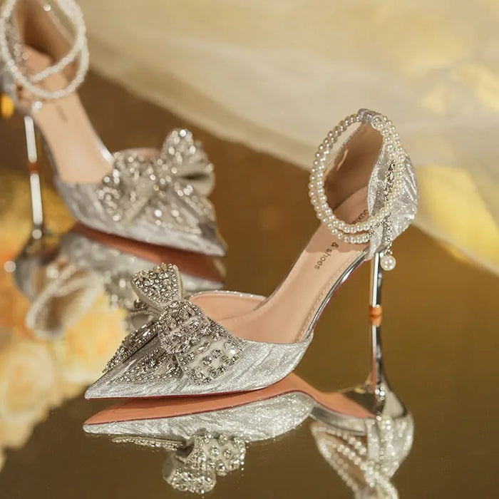Rhinestone Butterfly Pearl Heels fashionnsio