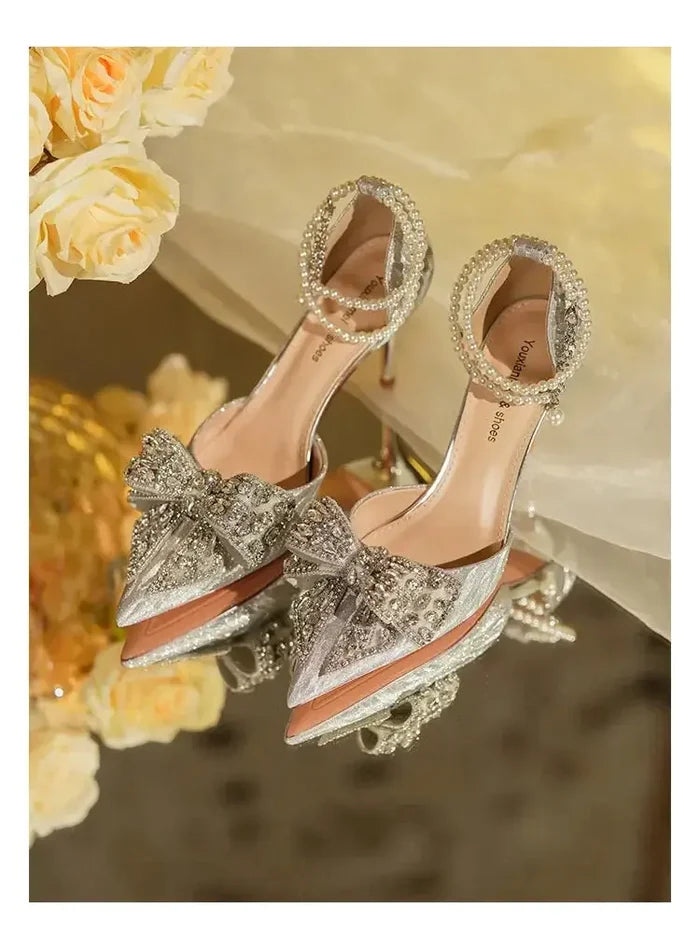 Rhinestone Butterfly Pearl Heels fashionnsio