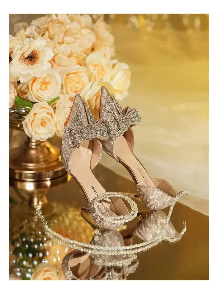 Rhinestone Butterfly Pearl Heels fashionnsio