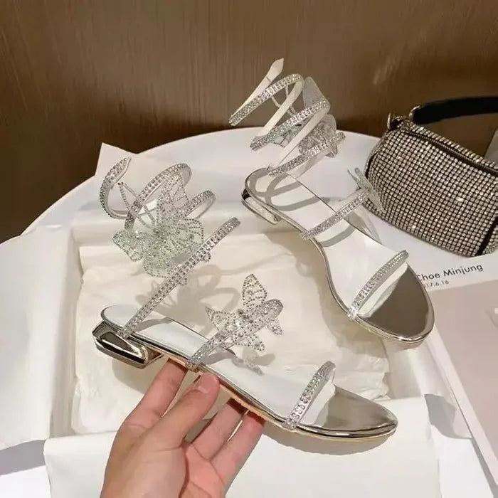 Rhinestone Winding Butterfly Low Heel fashionnsio