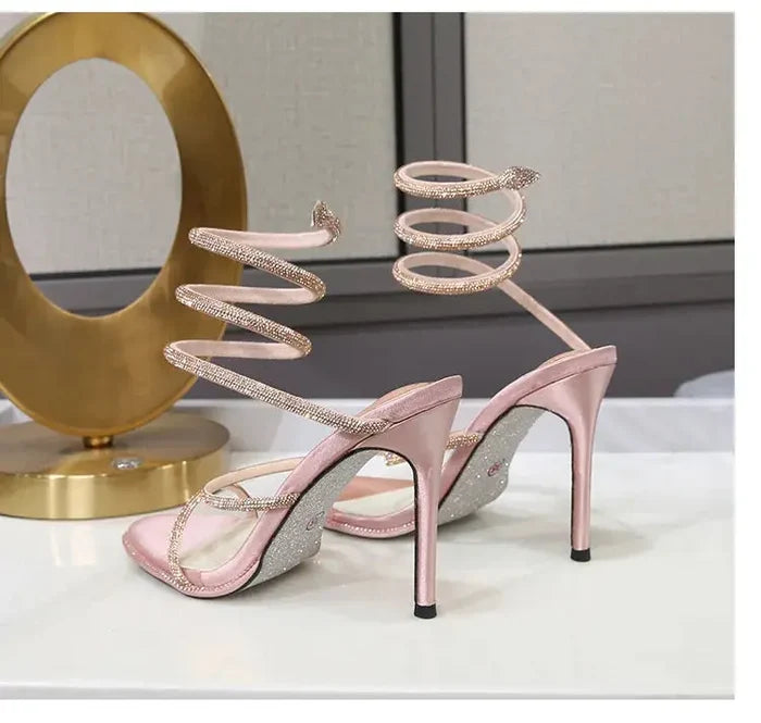 Rhinestone Ankle-strap Winding Heels fashionnsio