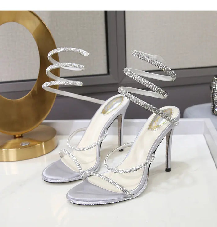 Rhinestone Ankle-strap Winding Heels fashionnsio