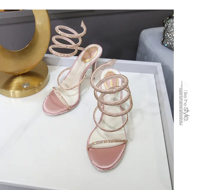 Rhinestone Ankle-strap Winding Heels fashionnsio