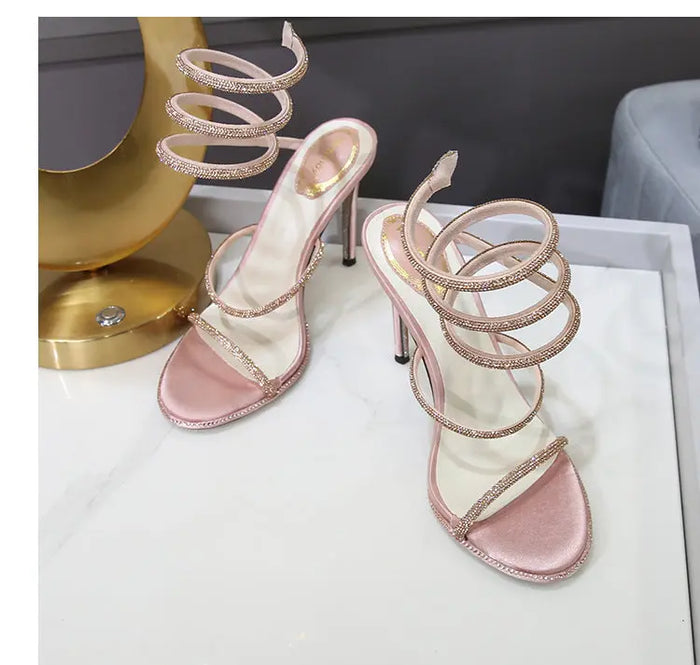Rhinestone Ankle-strap Winding Heels fashionnsio