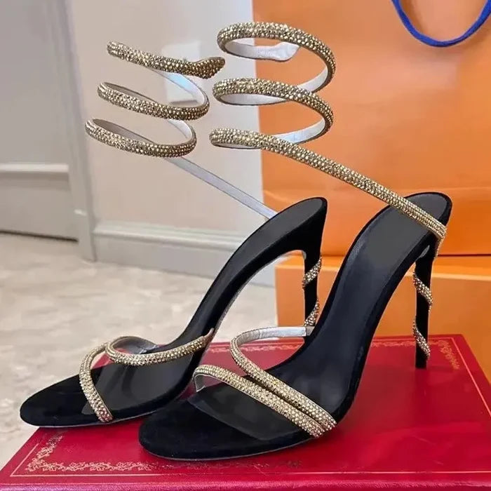 Snake Wrapped Rhinestone Winding Heels fashionnsio