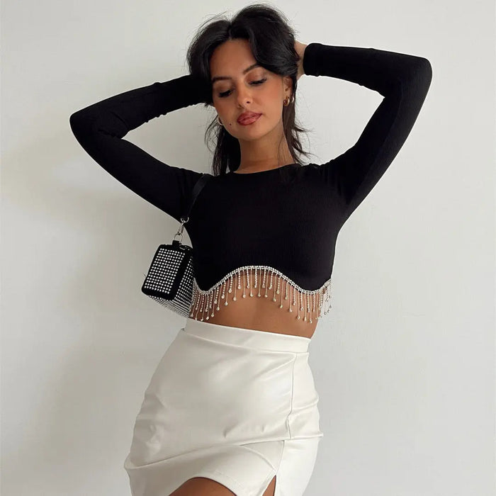 Rhinestone Tassel Knitted Crop Top fashionnsio