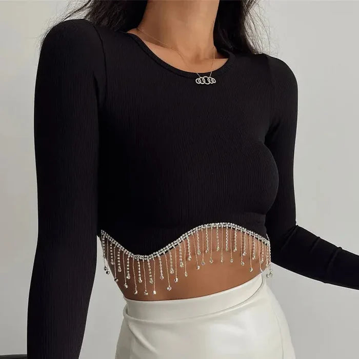 Rhinestone Tassel Knitted Crop Top fashionnsio