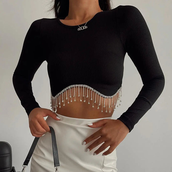 Rhinestone Tassel Knitted Crop Top fashionnsio