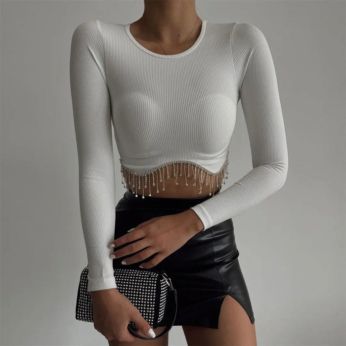 Rhinestone Tassel Knitted Crop Top fashionnsio