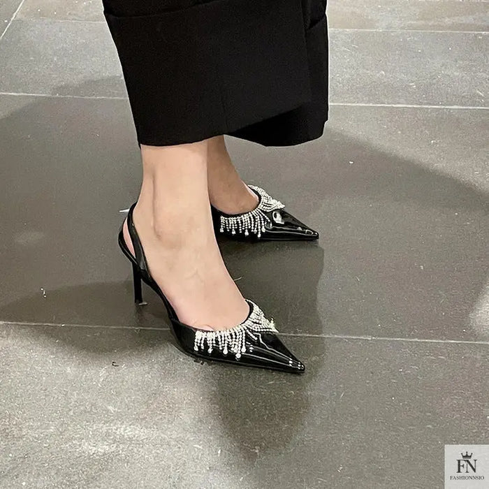 Rhinestone Tassel Pointed Heels - Fashionnsio