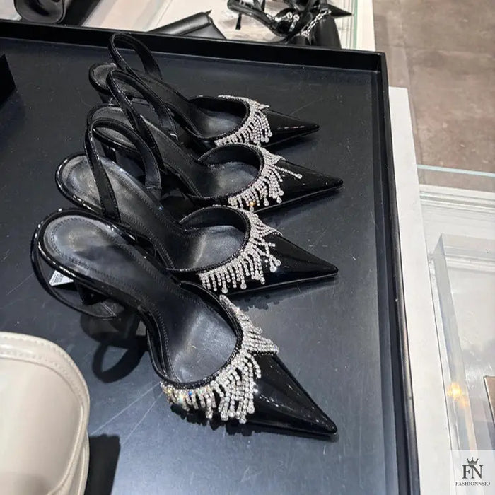 Rhinestone Tassel Pointed Heels - Fashionnsio