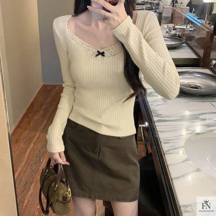 Ribbed Lace Long Sleeve Top - Fashionnsio