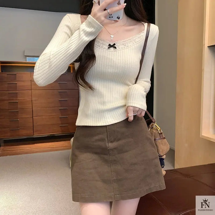 Ribbed Lace Long Sleeve Top - Fashionnsio