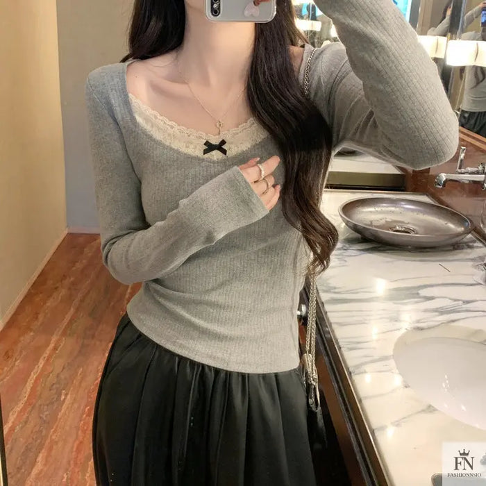 Ribbed Lace Long Sleeve Top - Fashionnsio