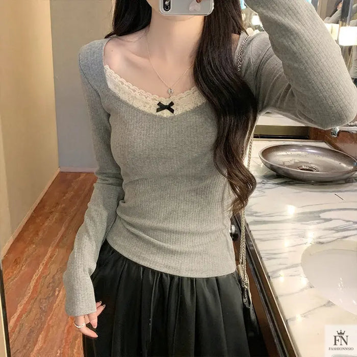 Ribbed Lace Long Sleeve Top - Fashionnsio