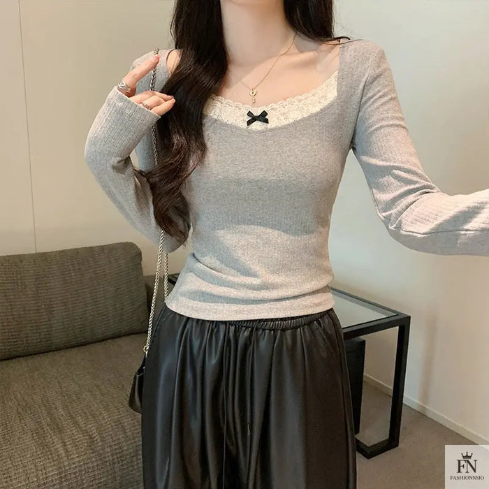 Ribbed Lace Long Sleeve Top - Fashionnsio