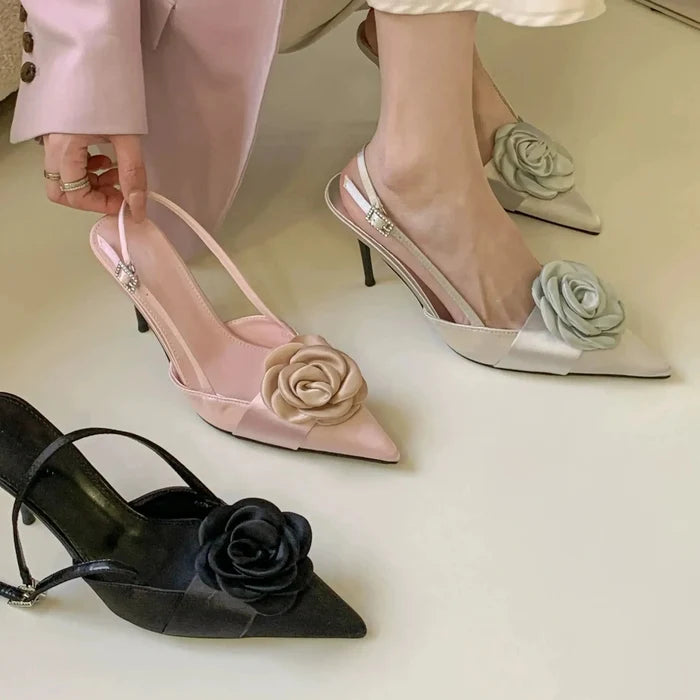 Satin Rose Buckle Pointed Heels fashionnsio