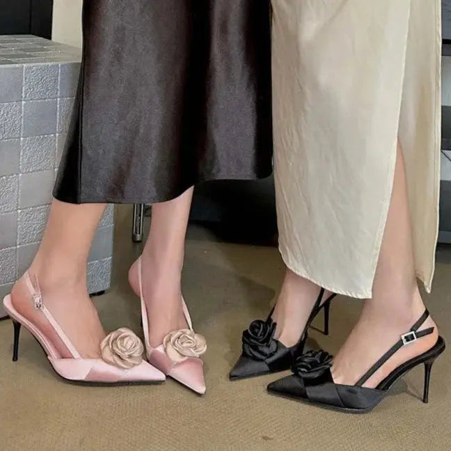 Satin Rose Buckle Pointed Heels fashionnsio
