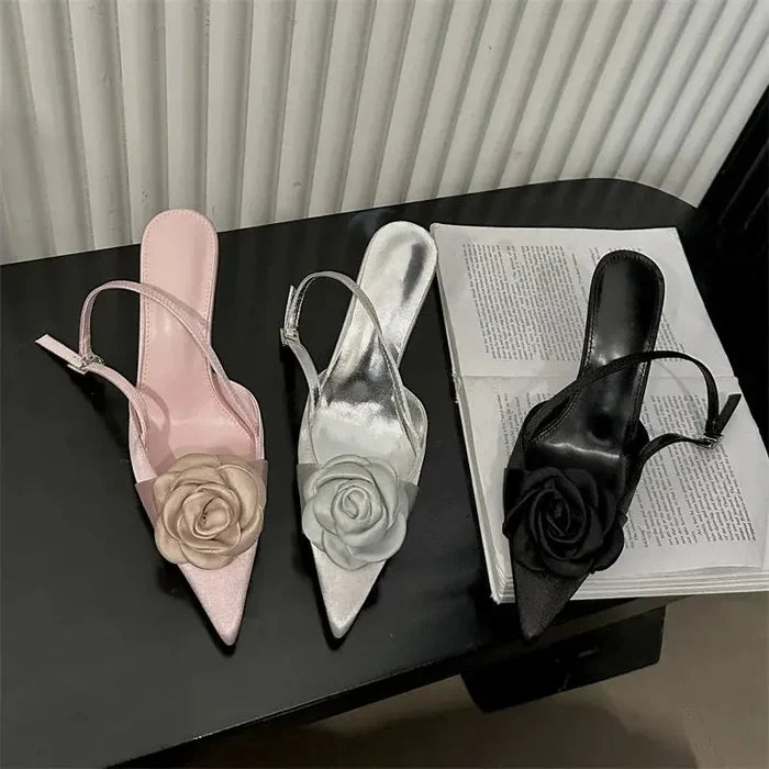 Satin Rose Buckle Pointed Heels fashionnsio