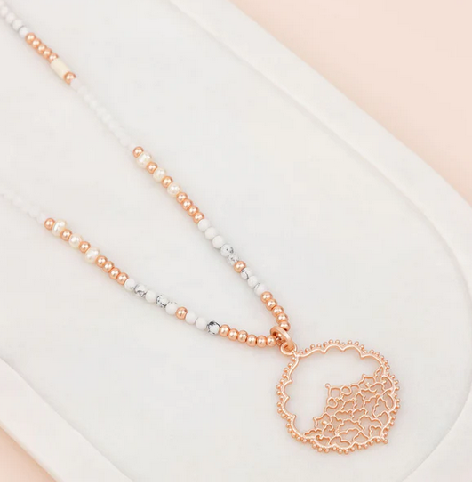 Rose Gold Matt Bead & Howlite Stones Lacey Pendant Necklace