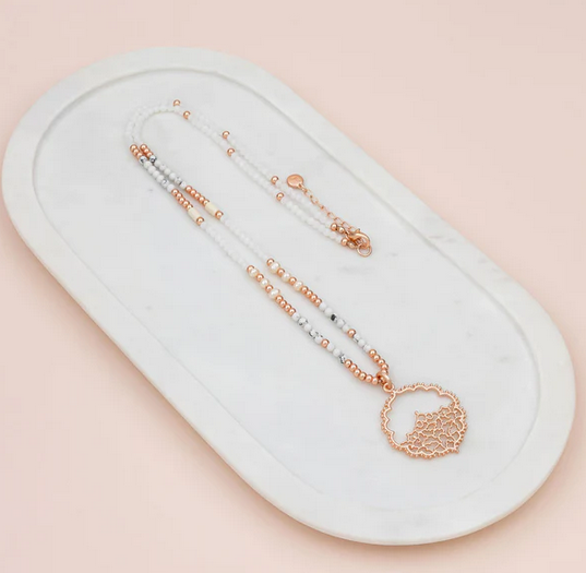 Rose Gold Matt Bead & Howlite Stones Lacey Pendant Necklace