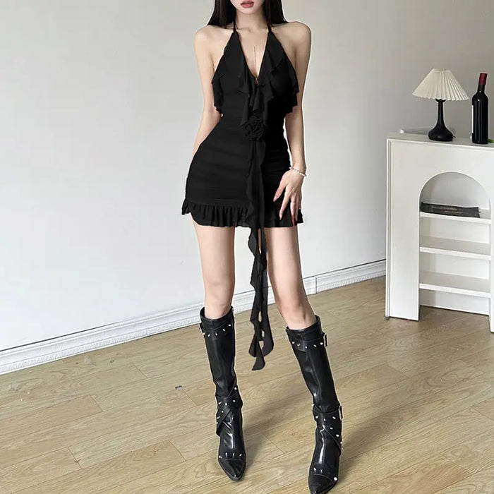 Rose Halter Neck Ruffle Dress fashionnsio
