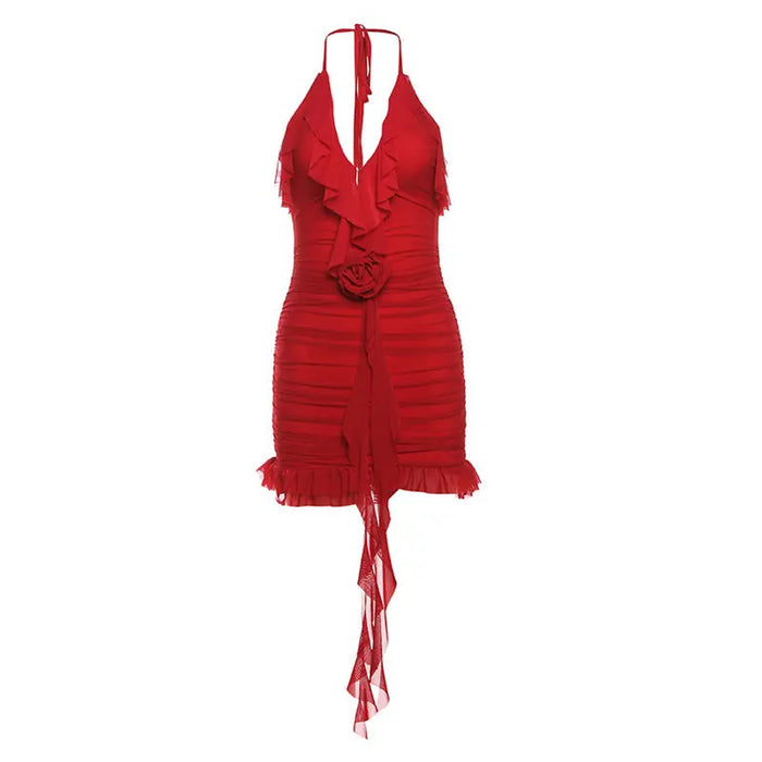 Rose Halter Neck Ruffle Dress fashionnsio