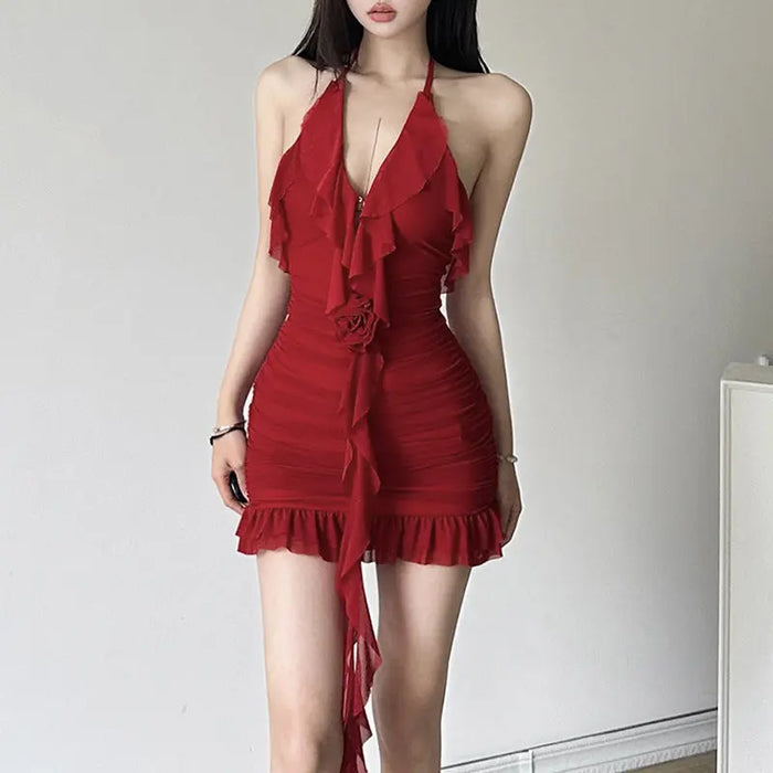 Rose Halter Neck Ruffle Dress fashionnsio