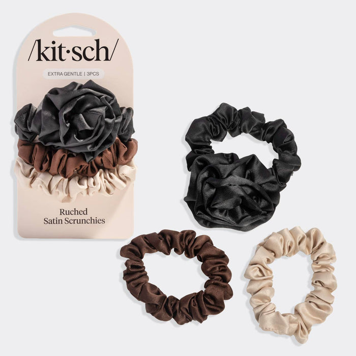 Rosette Ruched Satin Scrunchies 3pc Set - Black