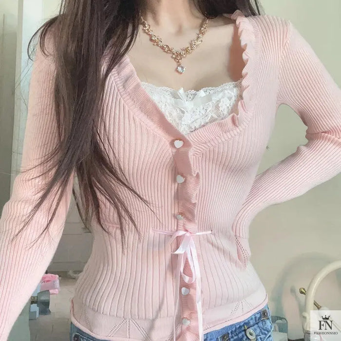 Ruffle Lace Knit Bow Top - Fashionnsio
