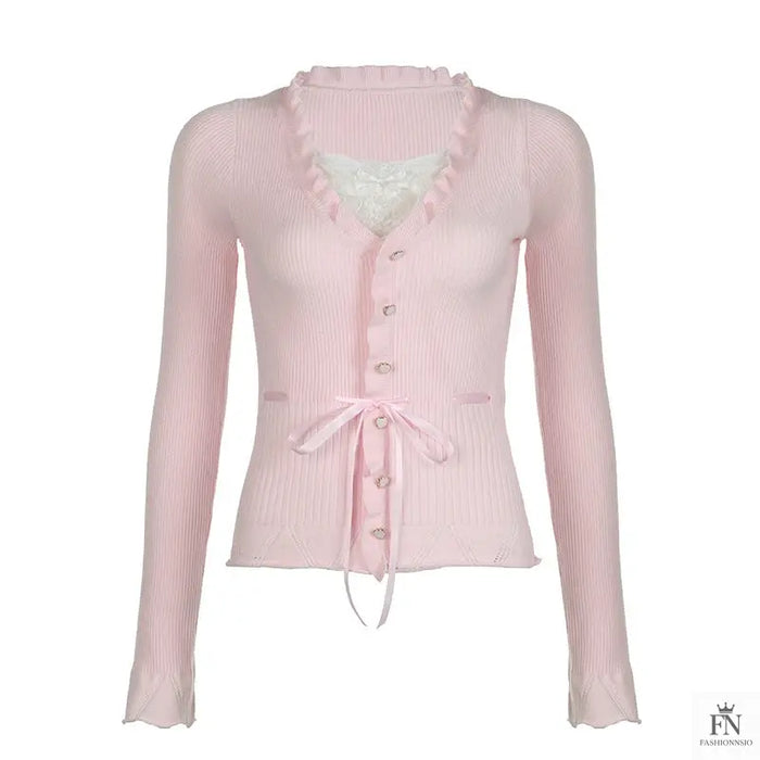 Ruffle Lace Knit Bow Top - Fashionnsio
