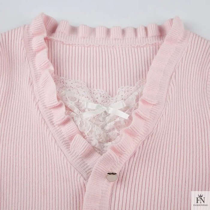 Ruffle Lace Knit Bow Top - Fashionnsio