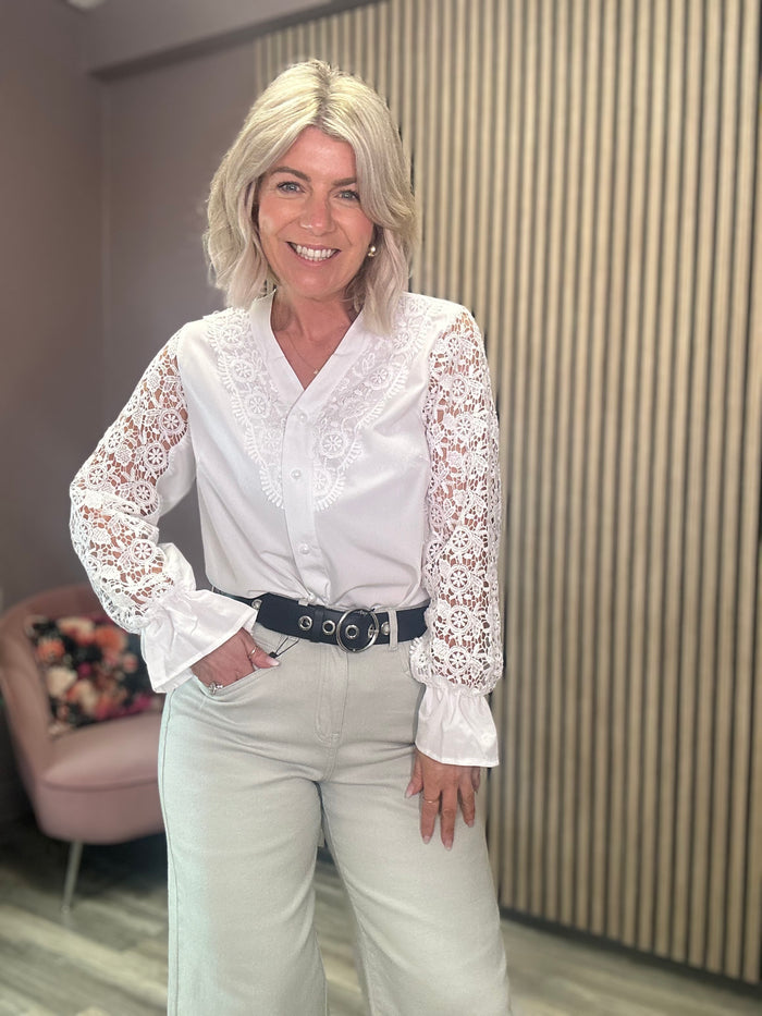 Sabina Lace Detail V-Neck Shirt (White)