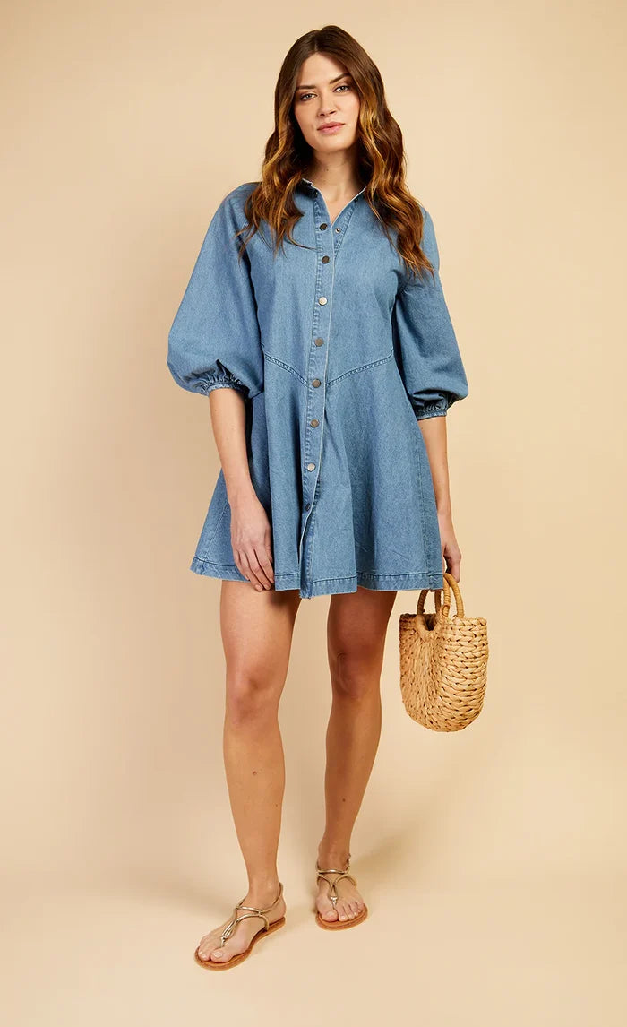 Sandy Denim Western Seam Mini Dress (Blue)