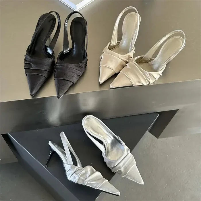 Satin Pleated Pointed Toe Heels fashionnsio