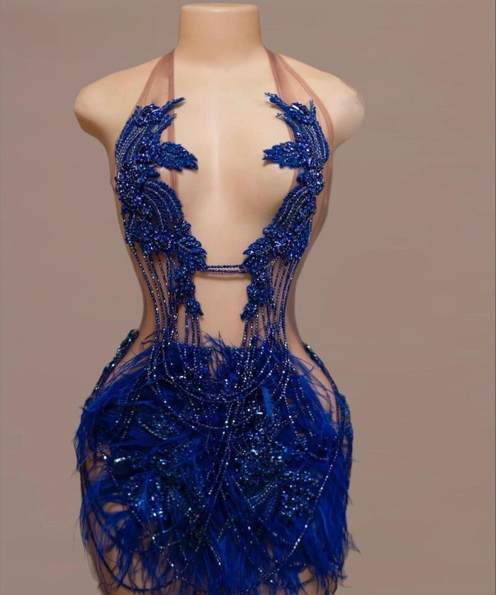Mannequin Wearing a Sexy Blue Halter Mini Birthday Dress with Sparkling Crystals and Feather Trim, Styled for Glamorous Celebrations