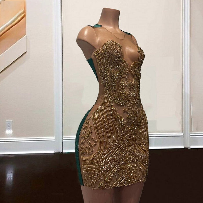 Sheer Neck Green Rhinestone Birthday Dress