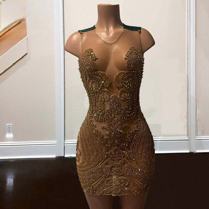 Sheer Neck Green Rhinestone Birthday Dress