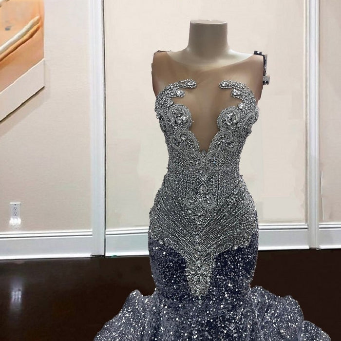 Sheer Neck Luxury Sparkly Diamond Shiny Rhinestone Prom Dress