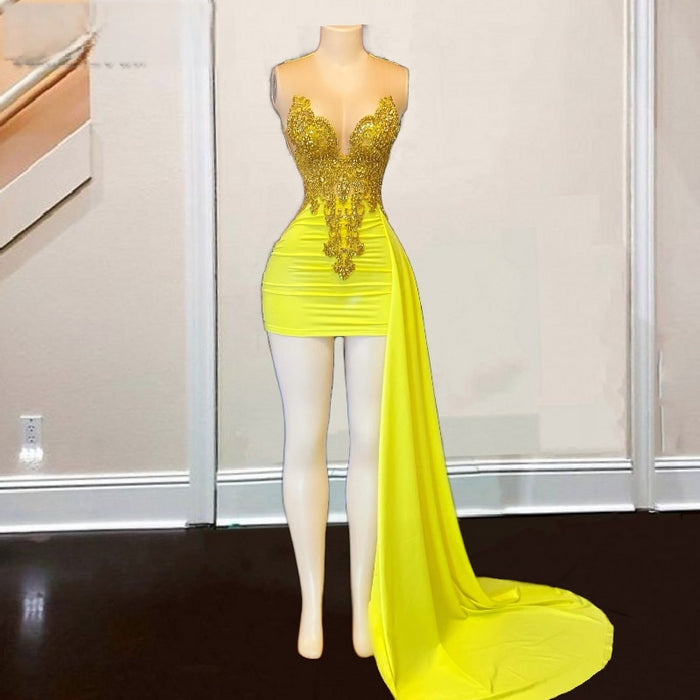 Sheer Neck Rhinestone Stunning Birthday Dress