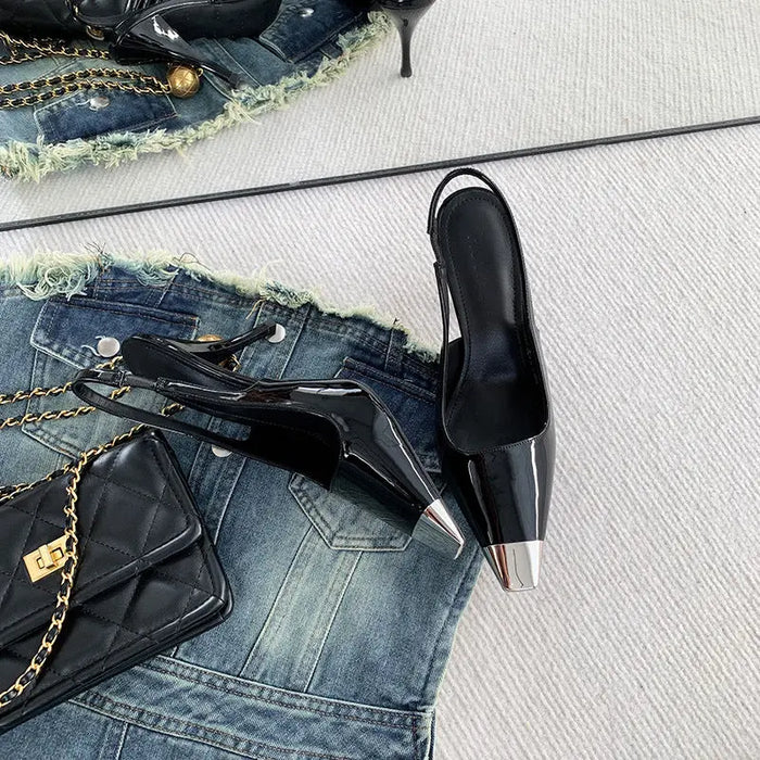 Metal Square Toe Black Heels fashionnsio
