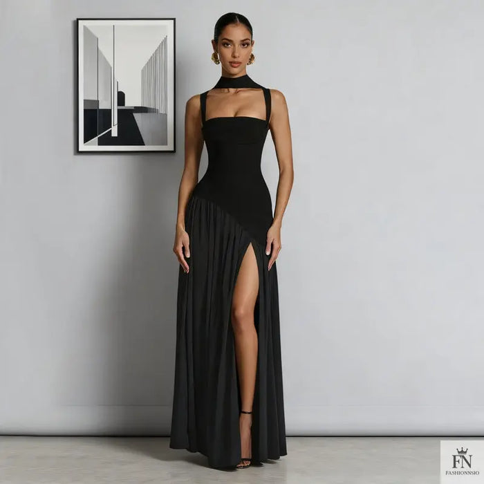 Slit Maxi Dress With Scarf - Fashionnsio