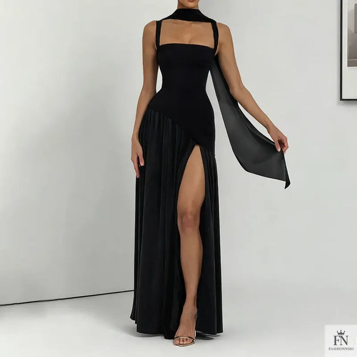 Slit Maxi Dress With Scarf - Fashionnsio