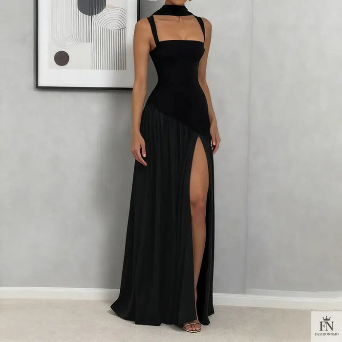 Slit Maxi Dress With Scarf - Fashionnsio
