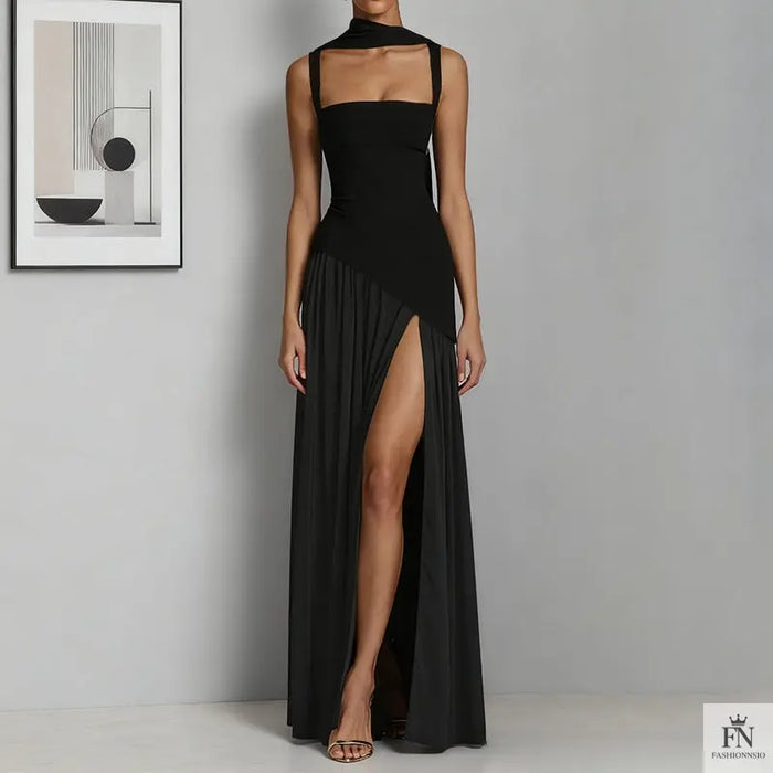 Slit Maxi Dress With Scarf - Fashionnsio